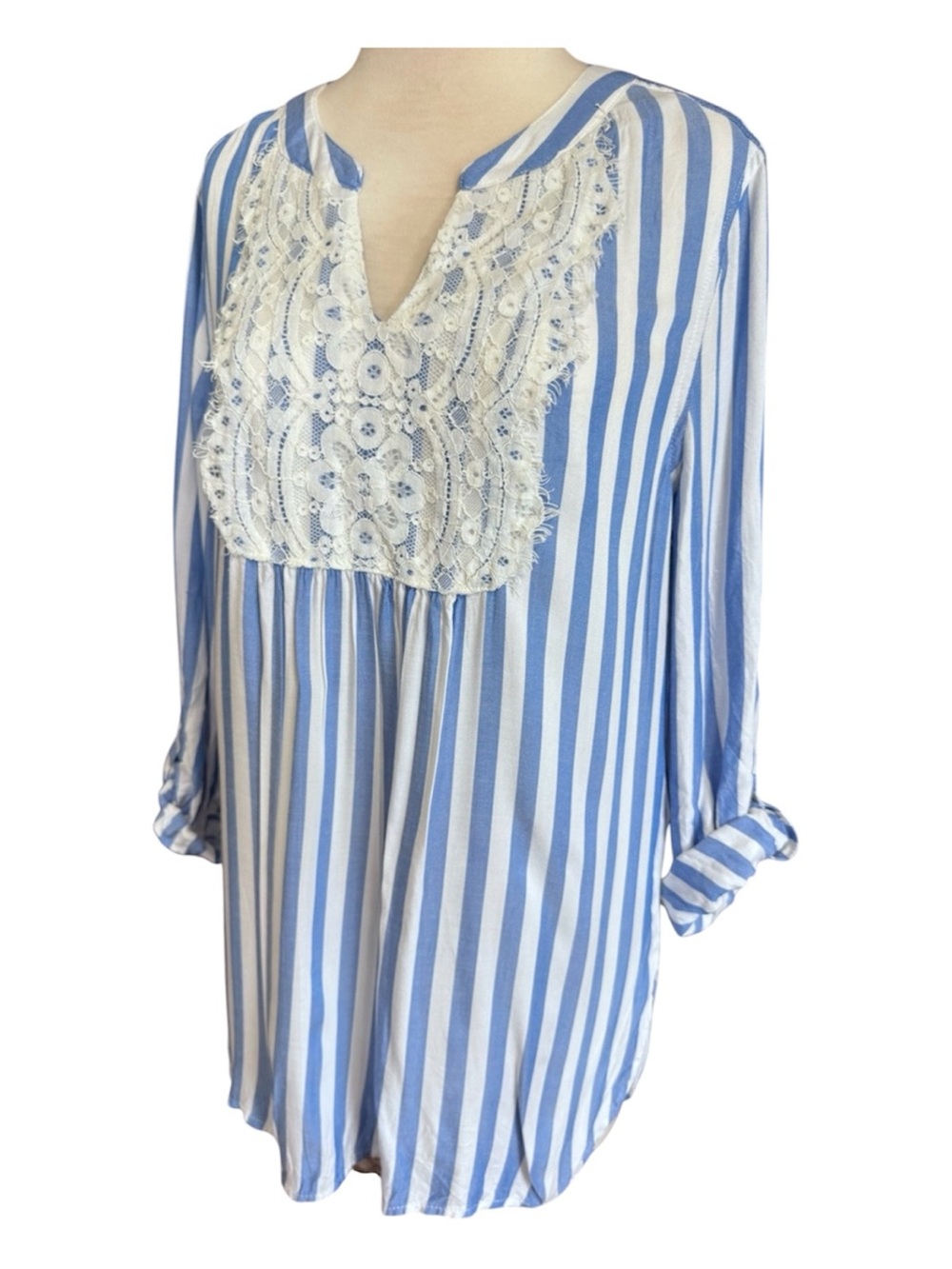 Lightweight Blue White Stripe Coastal Boho Lace Yoke Roll Tab Sleeve Blouse S